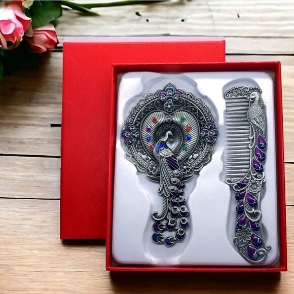 Vintage Peacock Mirror Comb Gift Set Antiqued Rhinestone Regency Vanity Boxed